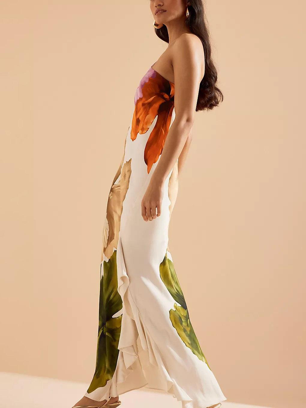 Kira | Elegancka Sukienka Maxi w Kwiatowy Wzór na Jedno Ramię