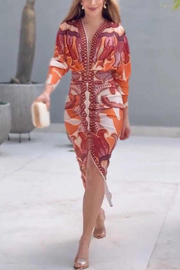 Eva | Sukienka Midi Dolman w Unikalny Wzór Sun Escape
