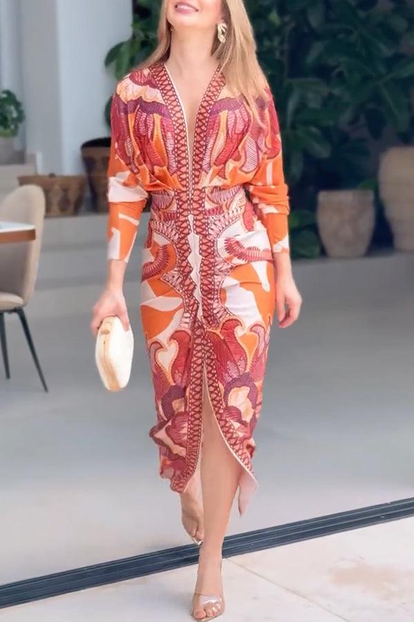 Eva | Sukienka Midi Dolman w Unikalny Wzór Sun Escape