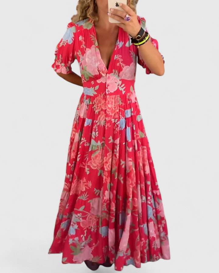Minelda | Elegancka Sukienka w Kwiaty z Dekoltem w Serek