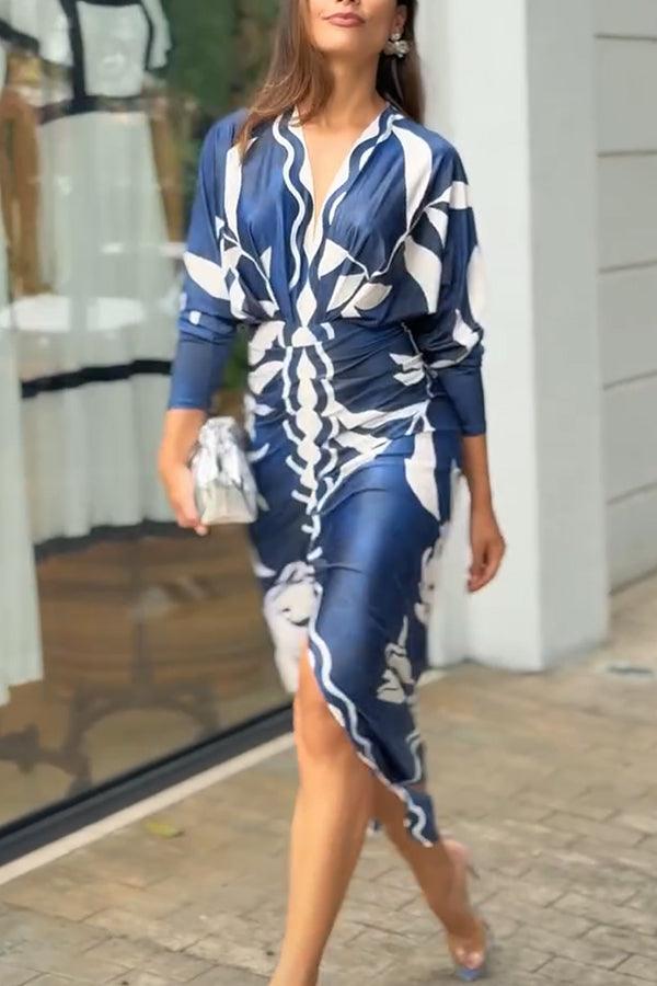 Eva | Sukienka Midi Dolman w Unikalny Wzór Sun Escape