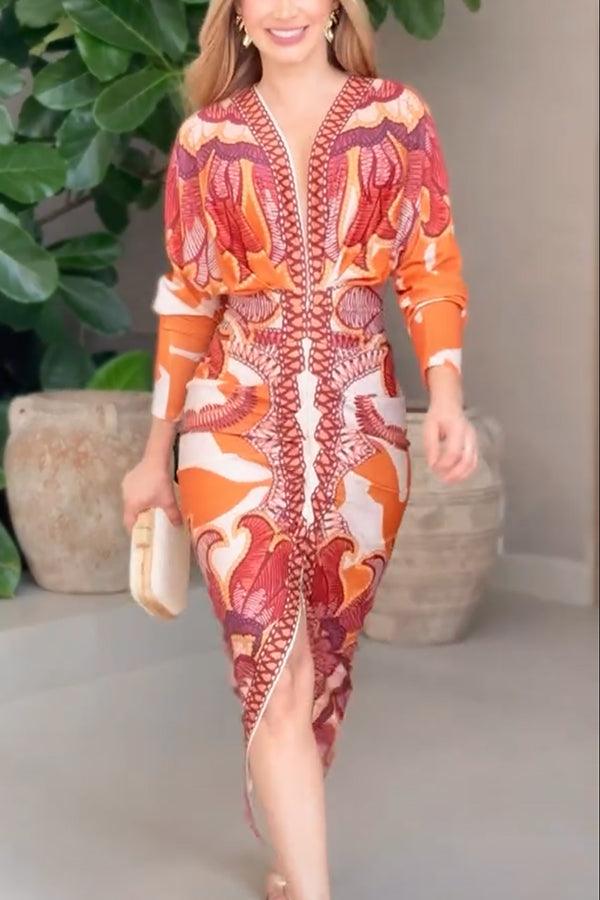 Eva | Sukienka Midi Dolman w Unikalny Wzór Sun Escape