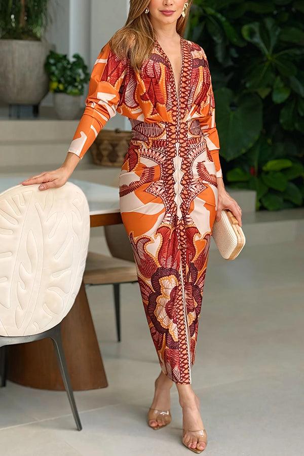 Eva | Sukienka Midi Dolman w Unikalny Wzór Sun Escape