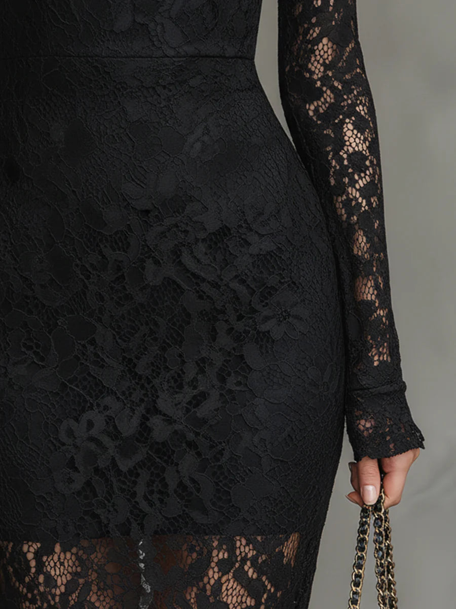 Teresa - Elegancka Sukienka Maxi Fishtail z Elastycznej Czarnej Koronki