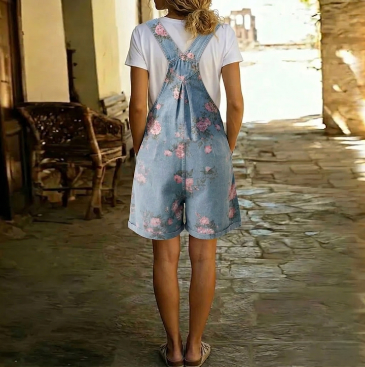 Adriana - Kombinezon w kwiaty z miękkiego denimu z bawełny i vintage'owym wykończeniem