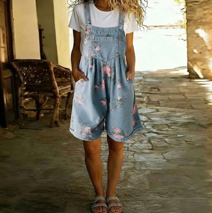 Adriana - Kombinezon w kwiaty z miękkiego denimu z bawełny i vintage'owym wykończeniem