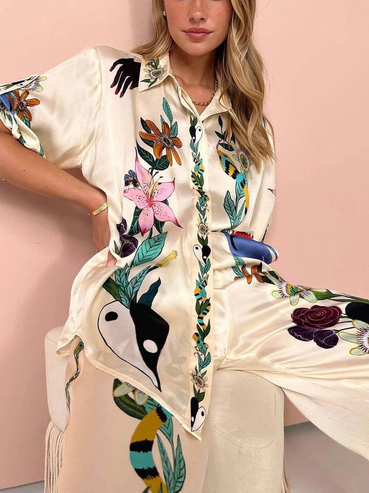 Nika | Resort Vibes Satin unikalny zestaw koszuli i spodni