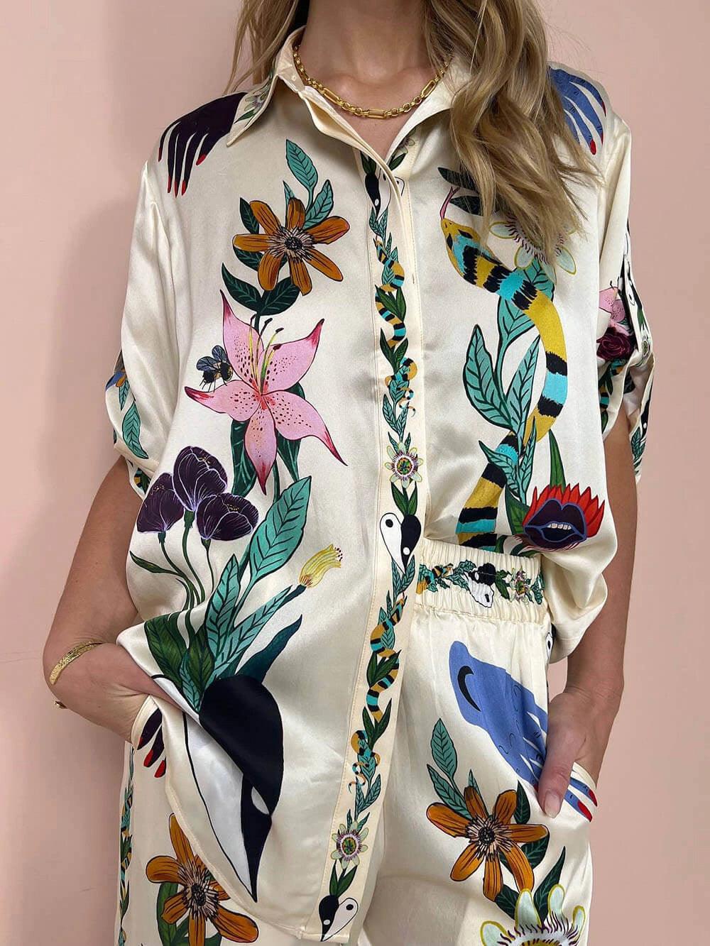 Nika | Resort Vibes Satin unikalny zestaw koszuli i spodni