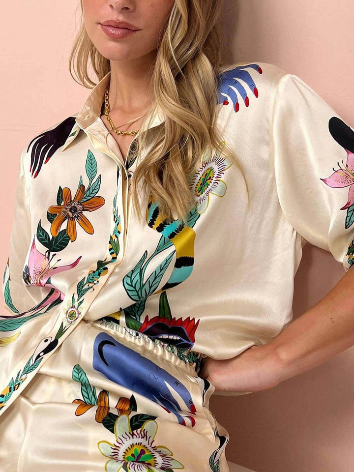 Nika | Resort Vibes Satin unikalny zestaw koszuli i spodni