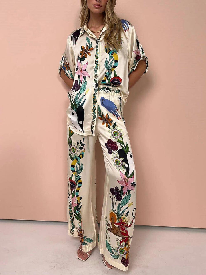 Nika | Resort Vibes Satin unikalny zestaw koszuli i spodni