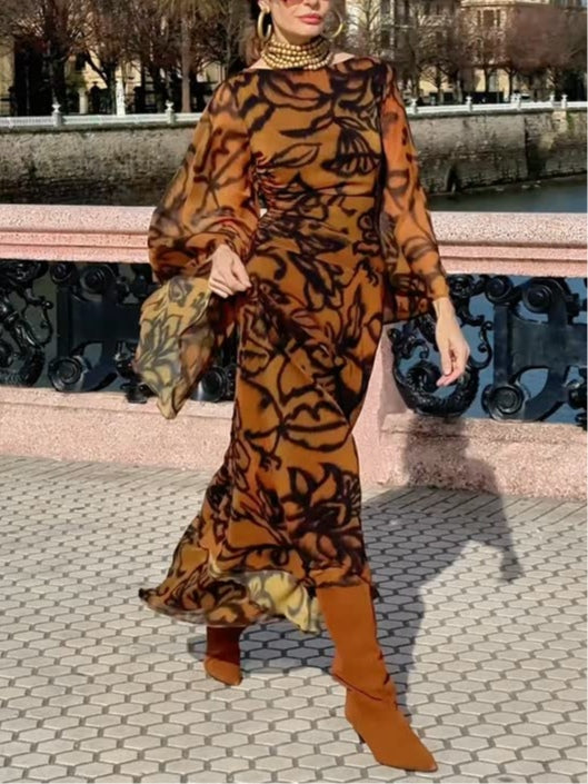 Ashley | Plażowa Glamour Brązowa długa sukienka w print