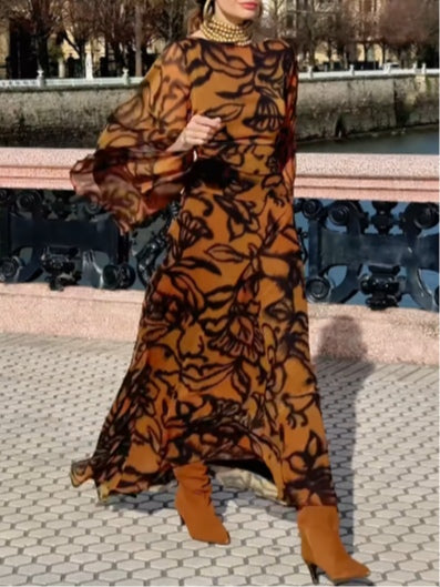 Ashley | Plażowa Glamour Brązowa długa sukienka w print