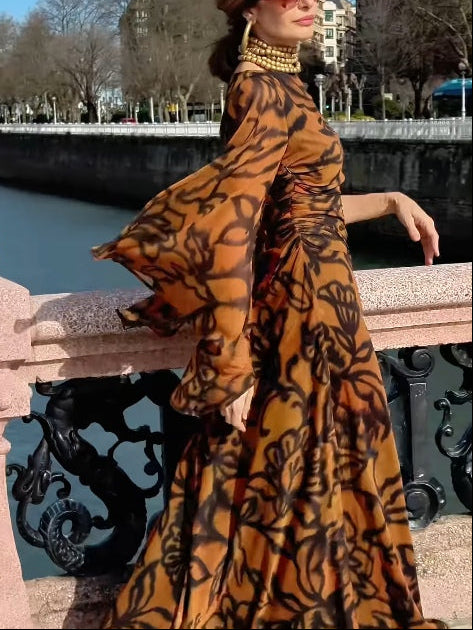 Ashley | Plażowa Glamour Brązowa długa sukienka w print