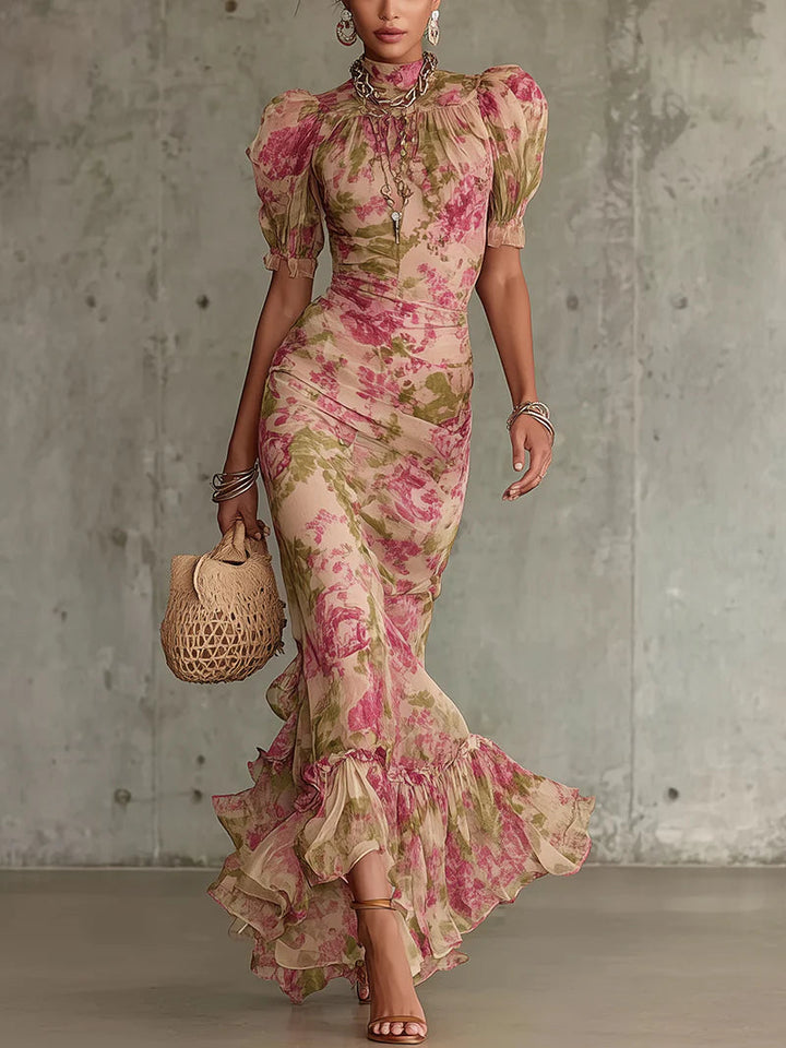 Mae | Sukienka Maxi z Puff Sleeve w Vintage Różowym Wzorem