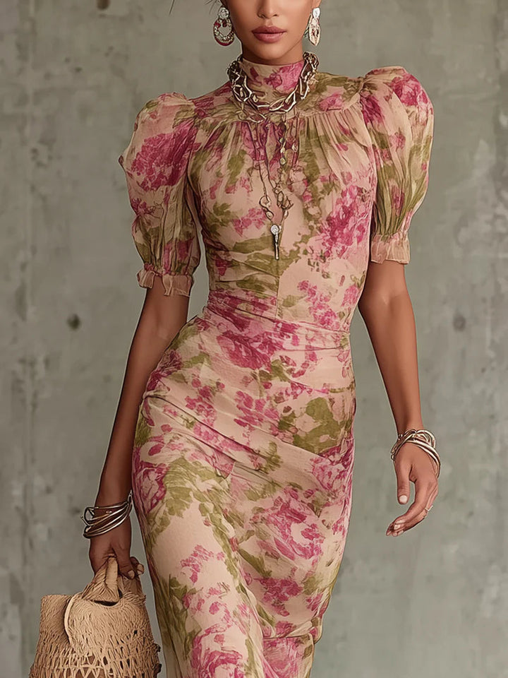 Mae | Sukienka Maxi z Puff Sleeve w Vintage Różowym Wzorem