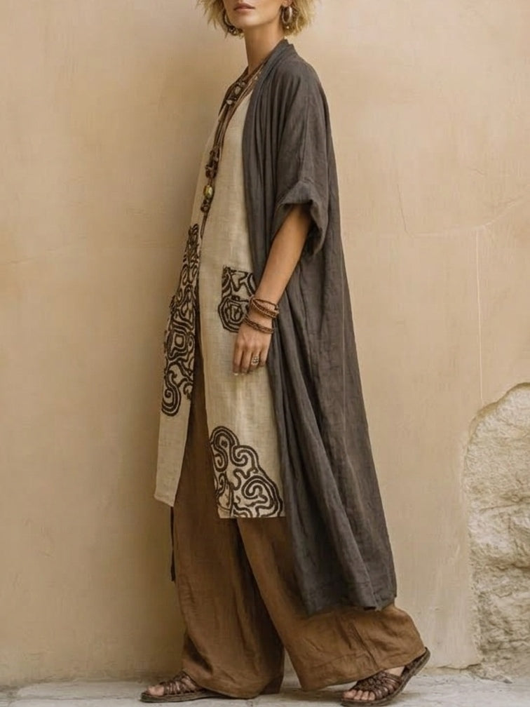 Sophie | Ciemnoszary i Brązowy Tribal Print Trzyczęściowy Zestaw