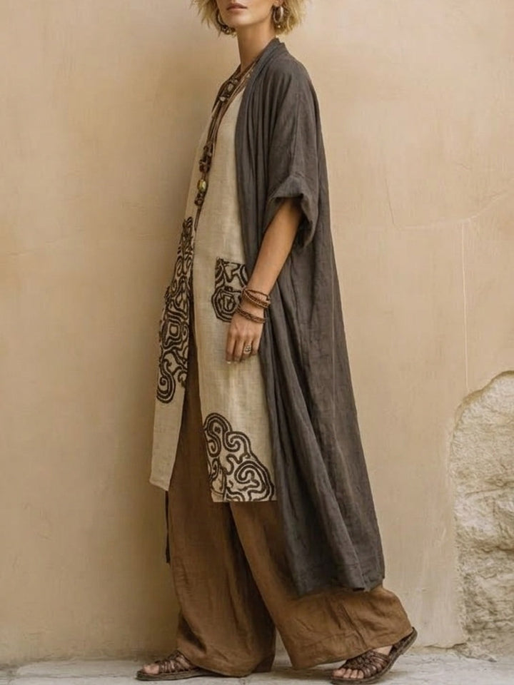 Sophie | Ciemnoszary i Brązowy Tribal Print Trzyczęściowy Zestaw