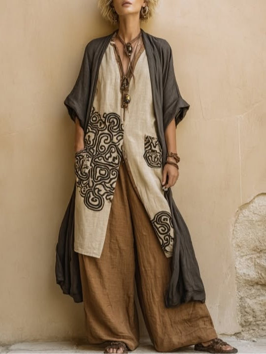 Sophie | Ciemnoszary i Brązowy Tribal Print Trzyczęściowy Zestaw