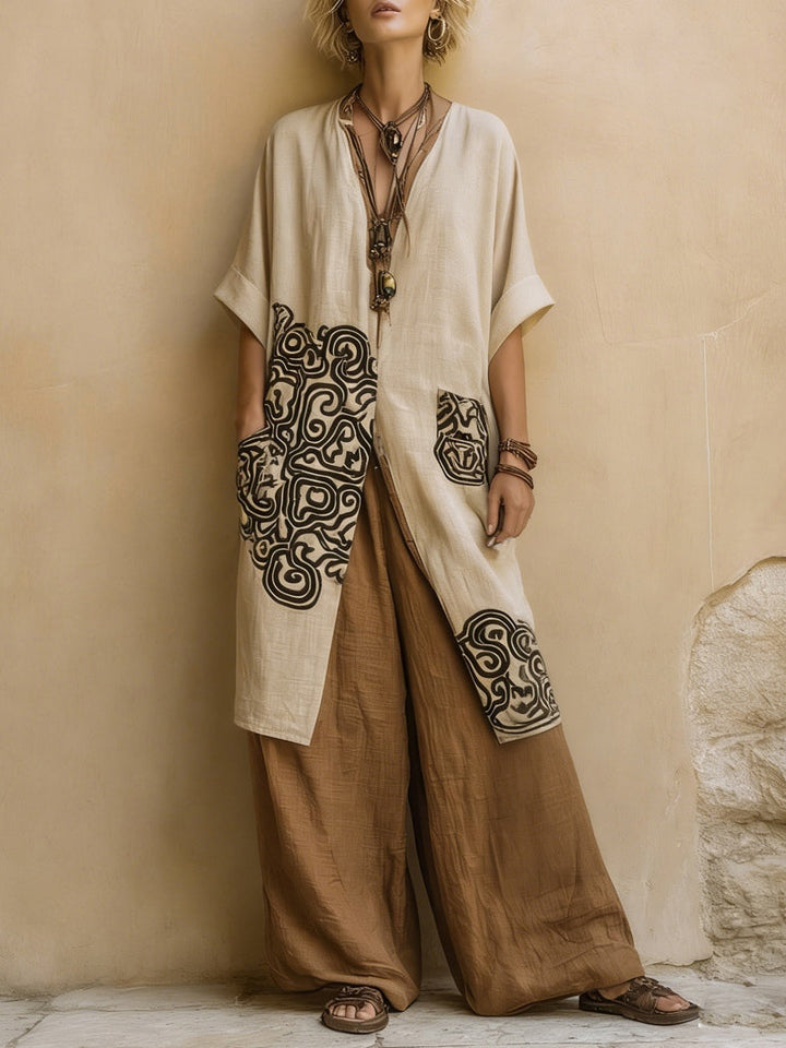 Sophie | Ciemnoszary i Brązowy Tribal Print Trzyczęściowy Zestaw
