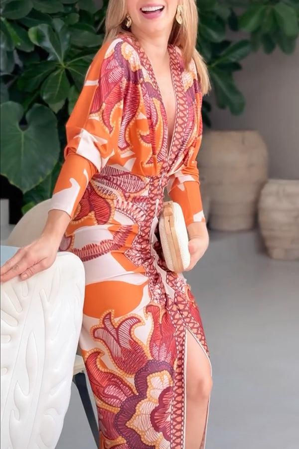 Eva | Sukienka Midi Dolman w Unikalny Wzór Sun Escape