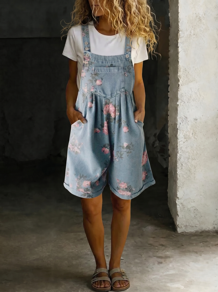 Adriana - Kombinezon w kwiaty z miękkiego denimu z bawełny i vintage'owym wykończeniem
