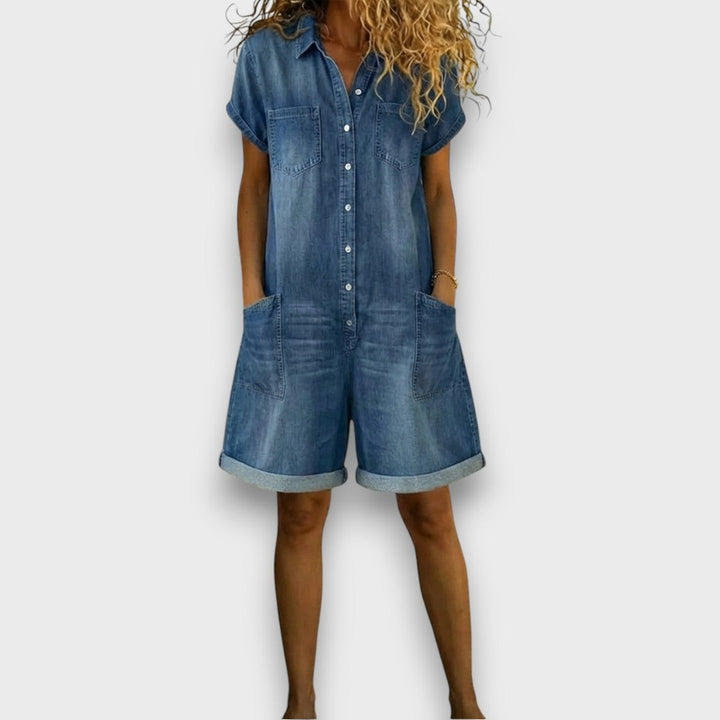 Sofía - Krótki vintage ogrodniczki z bawełny w stylu denim