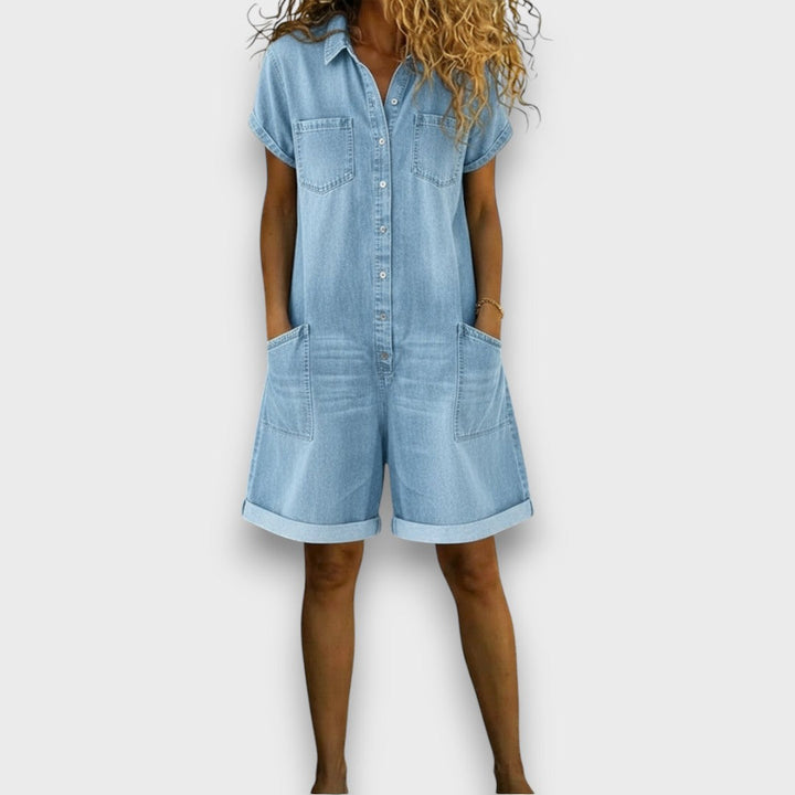 Sofía - Krótki vintage ogrodniczki z bawełny w stylu denim