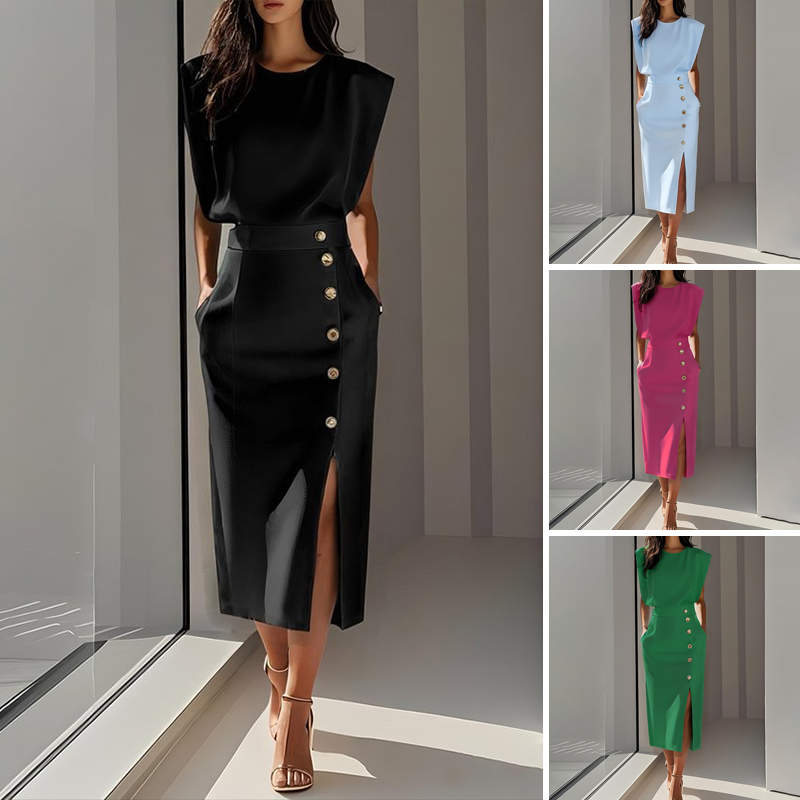Waleria | Elegancka Sukienka Midi z Rozcięciem