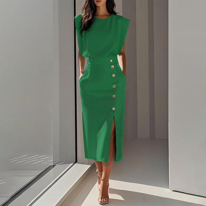 Waleria | Elegancka Sukienka Midi z Rozcięciem